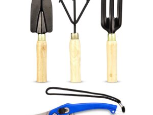 Amazon Brand – Solimo 4-Piece Gardening Tool Set | Hand Cultivator, Trowel, Garden Fork, Pruner | Wooden Handle