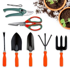 Cinagro Garden Tools Kit (Set of 7) Weeder, 2 Trowels, Hand Fork, Cultivator, Scissors, Pruner | Gardening Tools Kit for Home Garden, Indoor and Outdoor Gardening