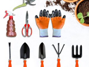 Cinagro Garden Tools Kit, 9 Pcs, Weeder, 2 Trowels, Hand Fork, Cultivator, Scissors, Pruner, Gardening Hand Gloves, Spray Pump | Gardening Tools Kit for Home Garden, Garden Accessories Home Gardening