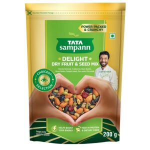 Tata Sampann Delight Dry Fruit & Seed Mix | Power Packed & Crunchy Snack | Trail Mix | High in Protein & Dietary Fibre | Rich in Magnesium | Source of Phosphorus | 200g | Roasted Almonds, Cranberries, Black Raisins, Green Raisins, Pumpkin Seeds, Flax Seeds & Chia Seeds
