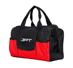JPT 13-Inch Heavy Duty Tool Bag, Wide Mouth Tool Storage Bag with Interior Pockets, Large Capacity Tool Tote Bag for Electricians, Power Tools Organizer Red/Black