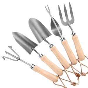 OUTO 5 Pcs Stainless Steel Garden Tools Set (2 Pcs Hand Transplant Shovel, Rake Cultivator, Shovel and Hand Weeder) Terrace Balcony Wooden Handle Gardening Accessories Kit for Home Garden Farming