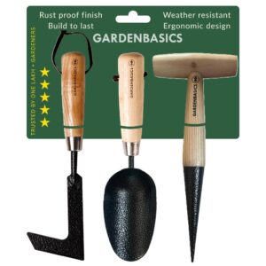 3 PCS Gardening Tools Kit for Home Garden | Rust Proof Garden Tool Set | Heavy Duty | Wooden Handle | Farming Tools for Indoor & Outdoor Use | Potting Soil Scoop, Patio Weeder & Dibber