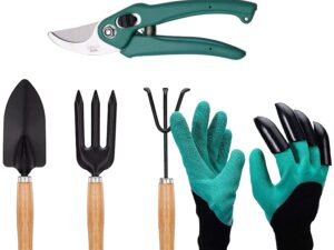 Oblivion Gardening Tools Set of 5 Pcs – Flower Cutter, Garden Shear, Pruner, Gardening Gloves & Big Garden Tool Set Wooden Handle Hand Cultivator, Trowel, Garden Fork