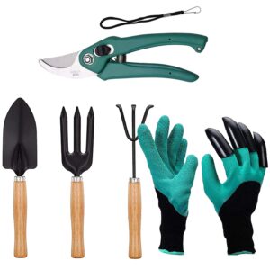 Oblivion Gardening Tools Set of 5 Pcs – Flower Cutter, Garden Shear, Pruner, Gardening Gloves & Big Garden Tool Set Wooden Handle Hand Cultivator, Trowel, Garden Fork
