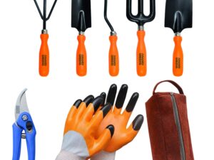 Anandi Green’s Metal Agriculture Gardening Tools Kit – 8 Pcs (Cultivator, Fork, Big and Small Trowels, Weeder, Gloves, Pruner Cutter with Tools Bag) Tools Set for Home Indoor and Outdoor Gardening