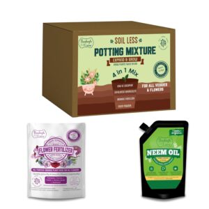 Bombay Greens 4 in 1 Soil Less Potting Mix Makes 10Kgs with Liquid Plant Food for All Plants and Organic Neem Oil