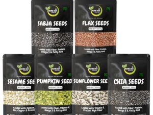 Nutri Hut 6-in-1 Super Seeds Combo Pack | Pumpkin, Sunflower, Flax, Chia, Basil (Sabja) & Sesame Seeds | 100g Each | Rich in Protein, Fiber & Omega 3 | 100% Natural | Superfood for Energy (600g)