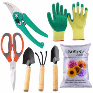 SIVON Gardening Tools Kit-7 Pcs (Cultivator, Big Trowel, Small Trowel, Garden Pruner, Garden Scissor, Gardening Gloves Green, Flower Seeds Packet) | Durable Gardening Tools