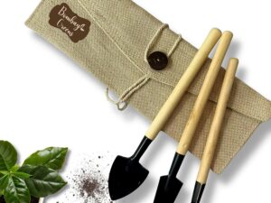 Bombay Greens Mini Gardening Tools Kit for Home Garden | Wooden Handle Garden Tools Set of 3 – Shovel, Spade & Rake in an Eco-Friendly Cloth Pouch