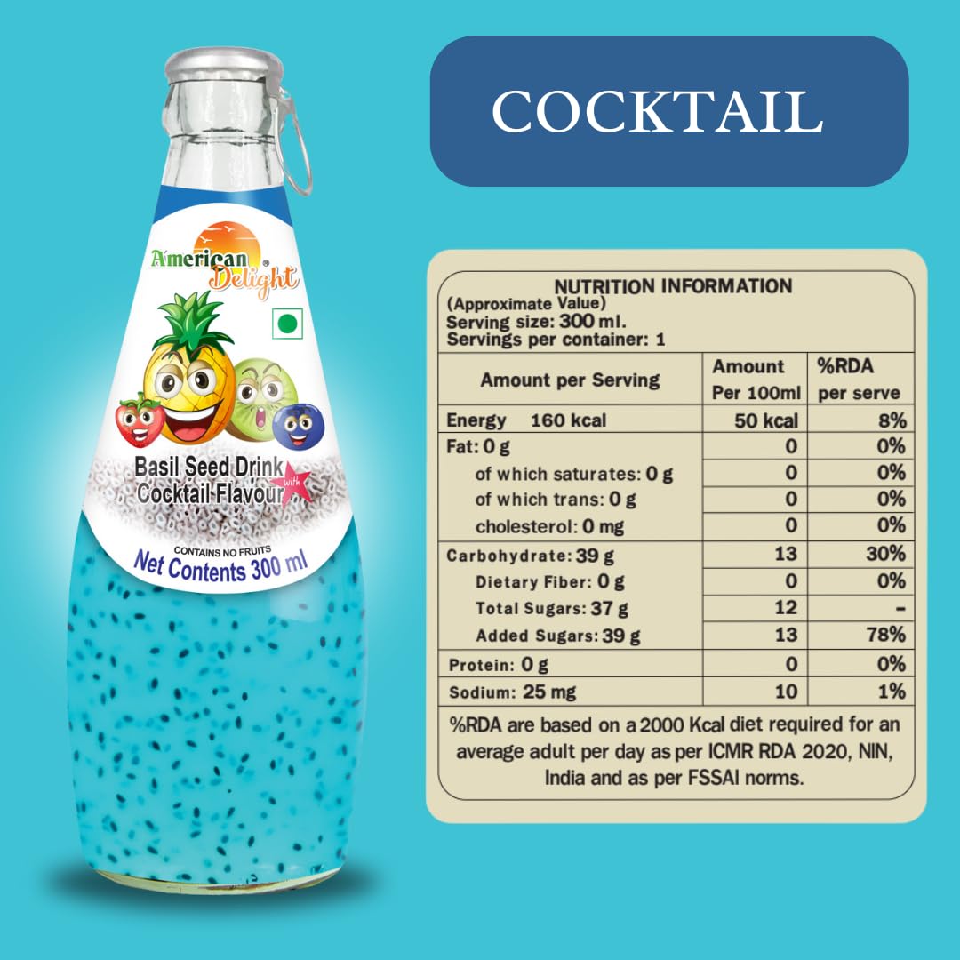 American Delight Flavored Drink with Basil Seed |Cocktail, Kiwi, Lychee, Blueberry, Strawberry, Orange Flavored Fruit Drink with Basil Seeds Aka Sabja Seeds | Pack of 6 x 300 Ml Each - Image 2