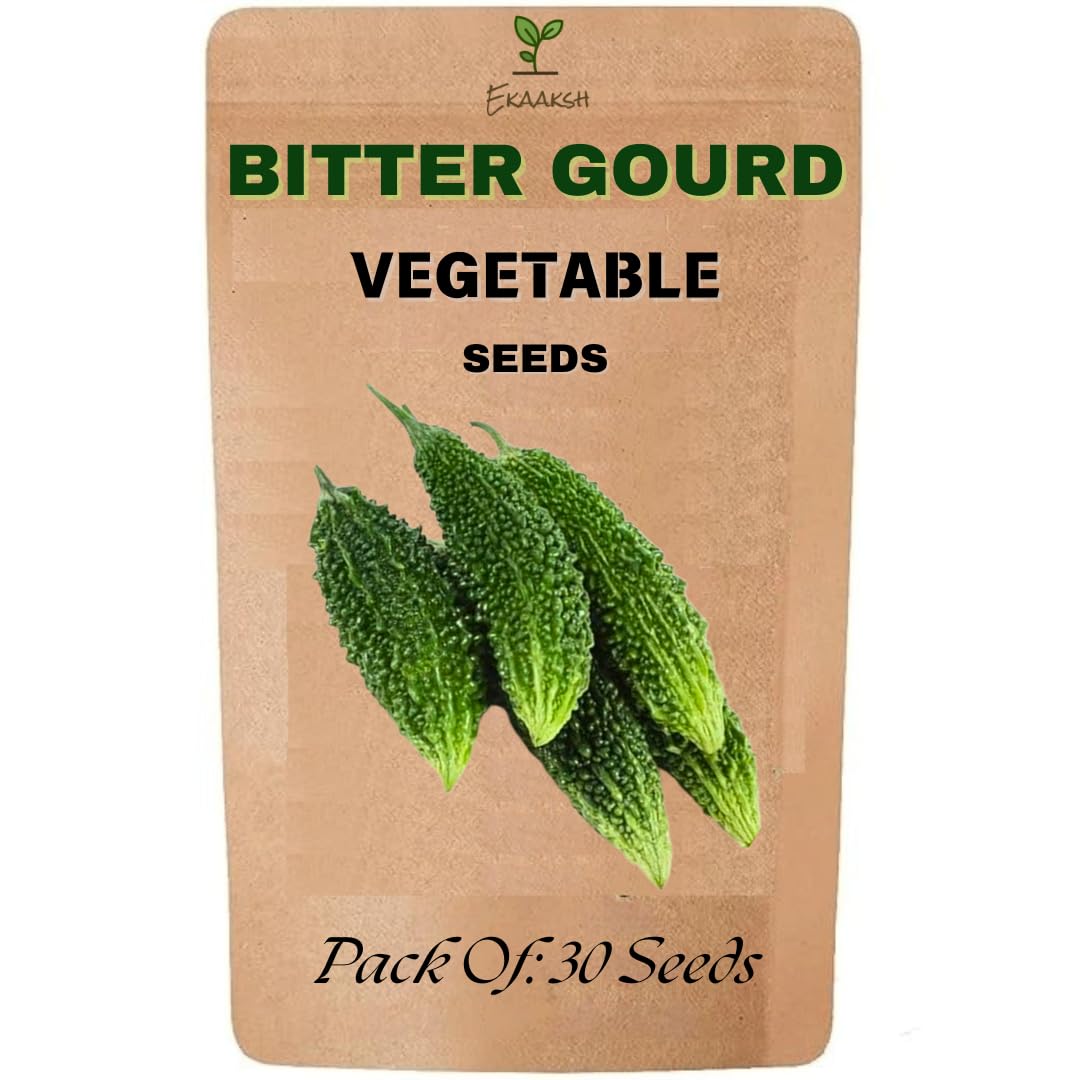 Ekaaksh - Bitter Gourd Long Seeds + Free Seed Germination Paper + Planting Guide - New Seeds with Test Result - Best for Pots, Terrace & Kitchen Gardening