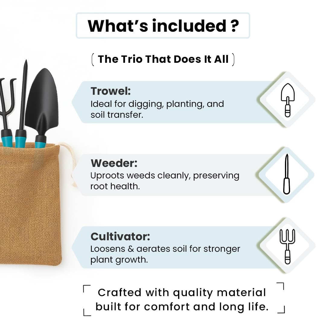 IFFCO Urban Gardens - Garden Tool Set 3 Pc - Weeder for Weed Removing + Trowel 1Pc for Digging & Transplant + Cultivator 1Pc for Hoeing & Trenching - Complete Tools Kit for Home Gardening - Image 2