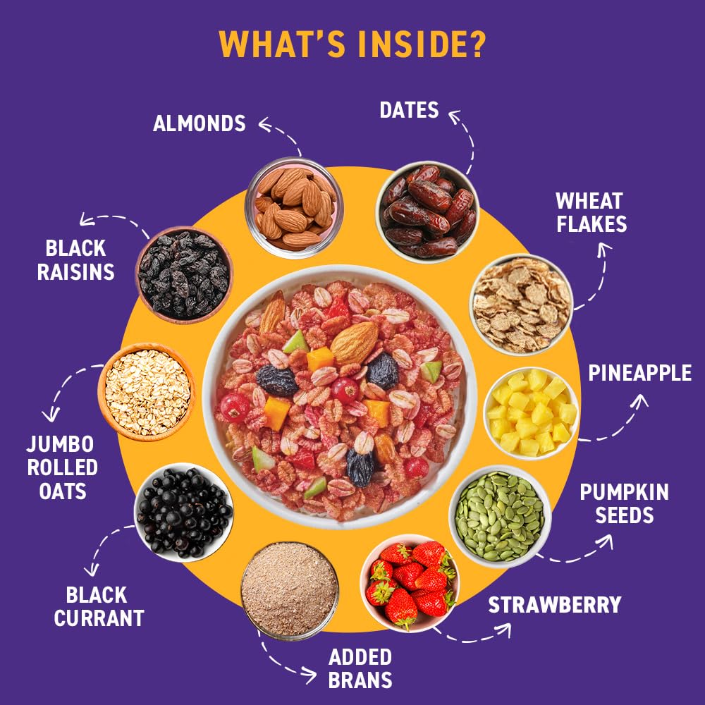 Bagrry’s Fruit & Fibre Muesli- Mixed Fruit 1kg Jar | 75% Fruits, Nuts, Seeds & Grains | Power of 12 Ingredients | With Strawberries, Apples, Pineapples, Oats & Seeds | High Fibre, Source of Protein, No Trans-Fat | Healthy Multigrain Breakfast Cereal | No Corn Flakes Muesli | No Presevatives - Image 4