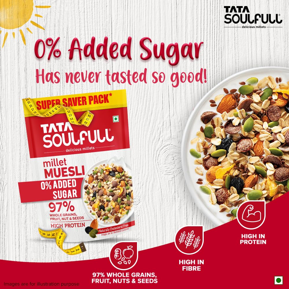 Tata Soulfull 0% Added Sugar Millet Muesli, 700 g, High Protein, Rich in Fibre, 97% Wholegrains, Fruit, Nut & Seeds, Contains Ragi Flakes, Contains Almonds, Flax Seeds, Chia Seeds, Pumpkin Seeds - Image 4