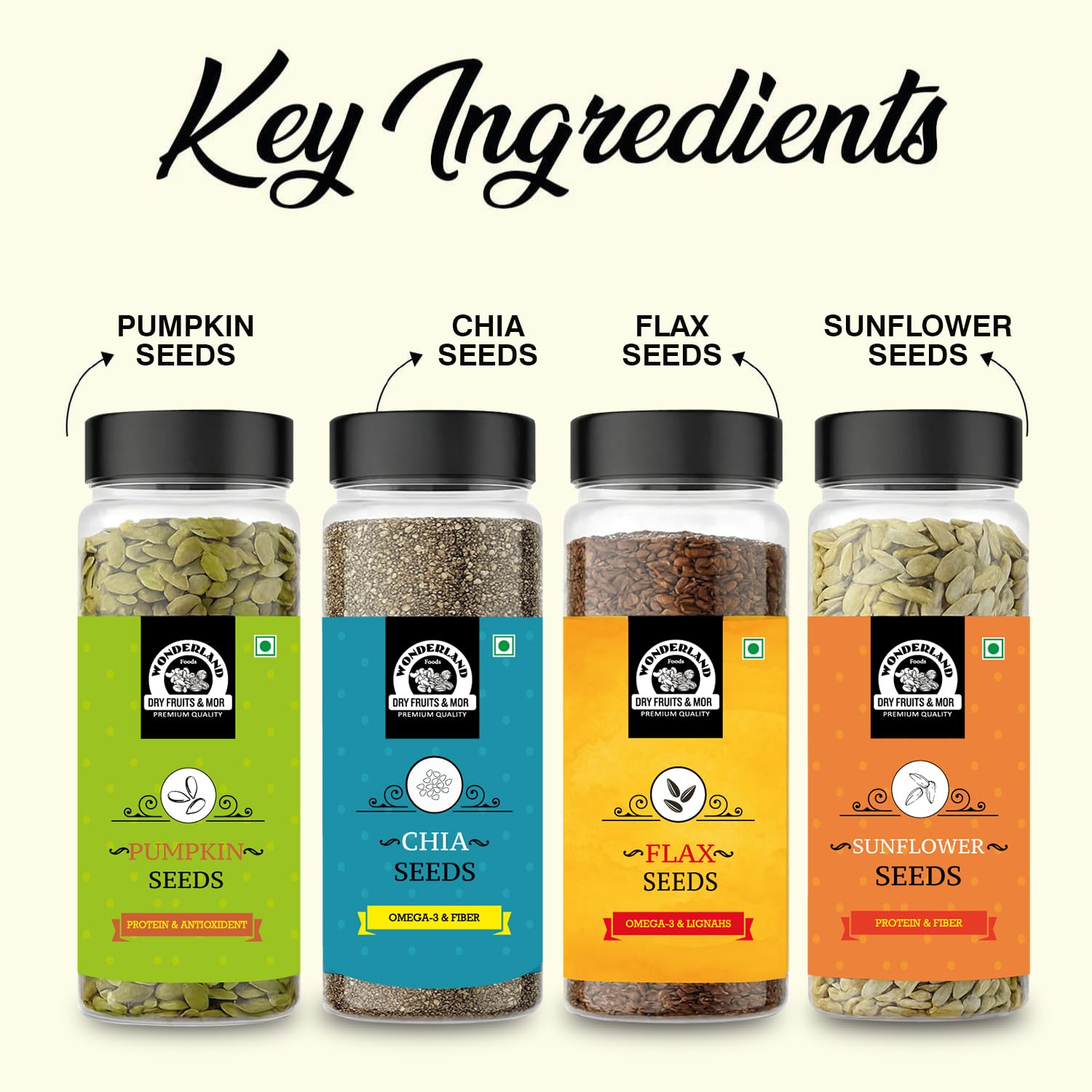 Wonderland Foods 4 Superseed Combo Lightly Roasted Chia, Jumbo Pumpkin, Jumbo SunFlower, Flax Seeds Jar 800g (200g X 4) | Seeds For Eating | Immunity Booster Diet | Mix Seeds for Eating | Superfood - Image 5