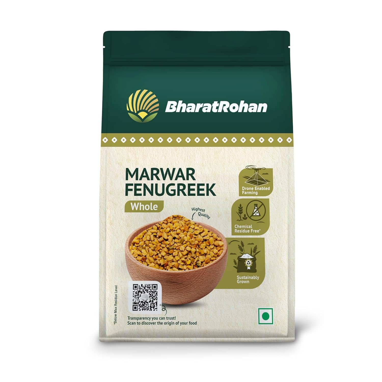 BharatRohan Marwar Fenugreek | Whole Methi Seeds | Chemical residue free | Drone monitored | 200g pack