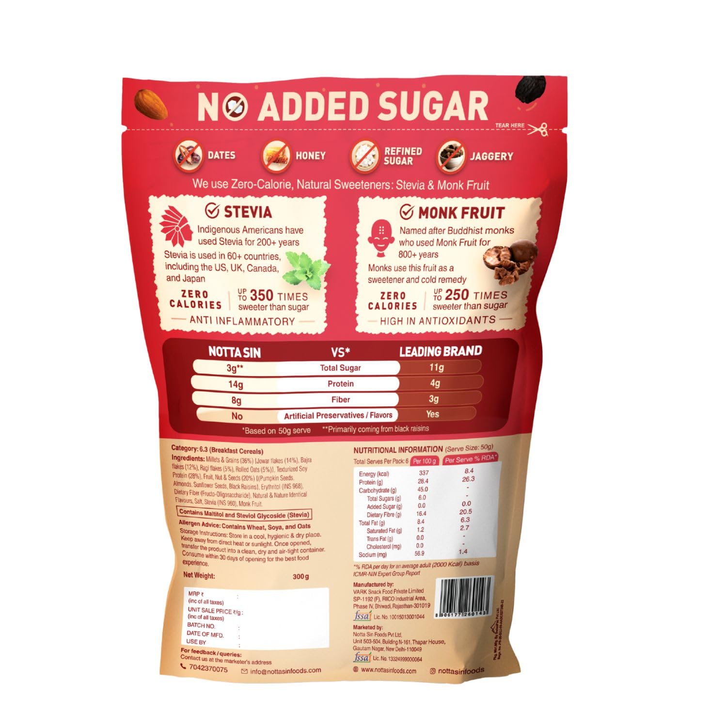 Notta Sin Millet Muesli with Fruit, Nut & Seeds- High Protein Breakfast Cereal | No Added Sugar: Contains Zero Calorie Natural Monk Fruit & Stevia | High Fiber | Made with Jowar, Bajra & Ragi | 300g