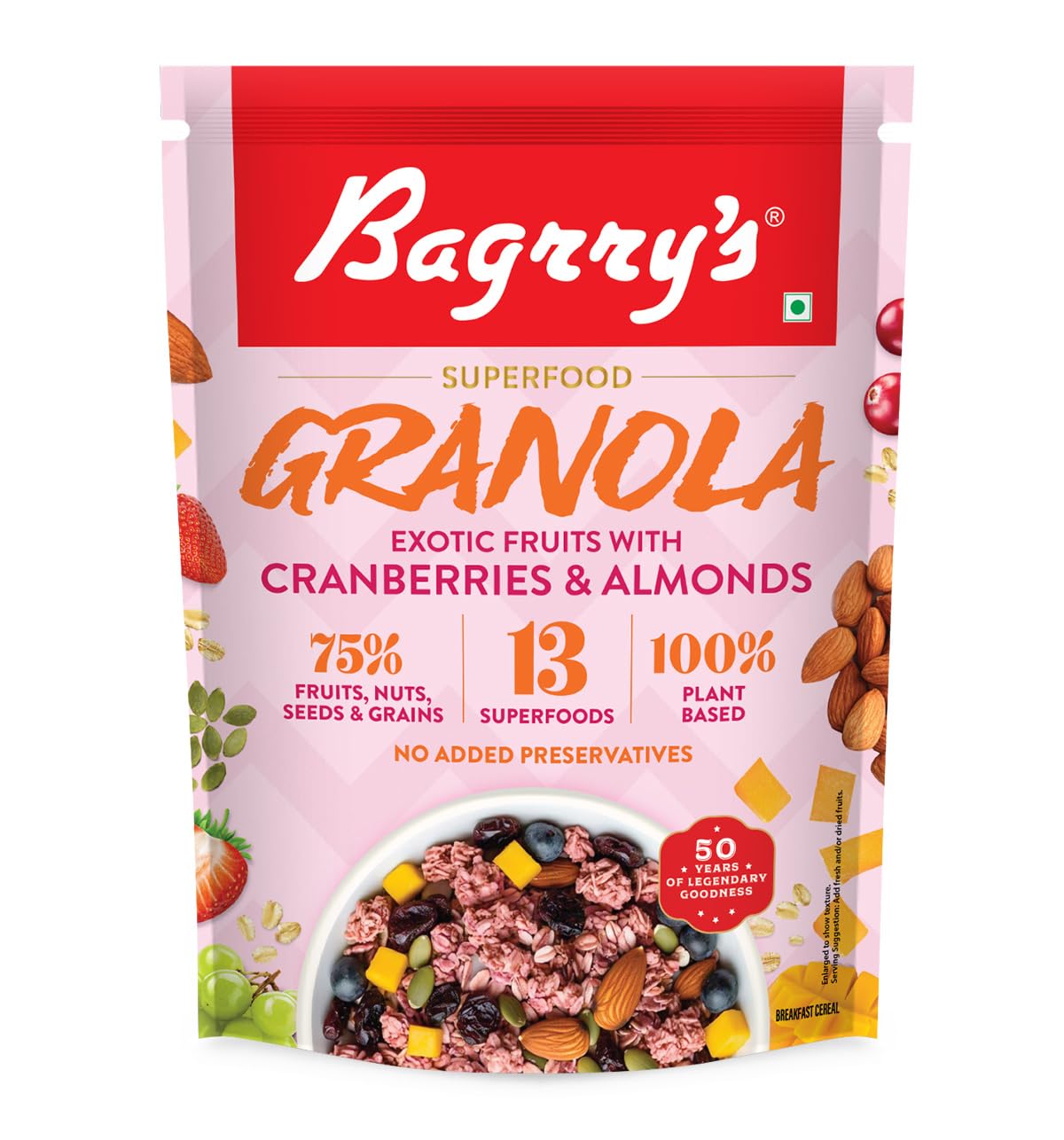 Bagrry’s Superfood Granola Exotic Fruits with Cranberries & Almonds 400g - 75% Fruits, Nuts, Seeds & Grains | 13 Nutrient-Packed Superfoods | 100% Plant-Based | High in Fibre & Protein | Healthy Breakfast Cereal | Multigrain Cereal | 100% Baked Granola | No Palm Oil