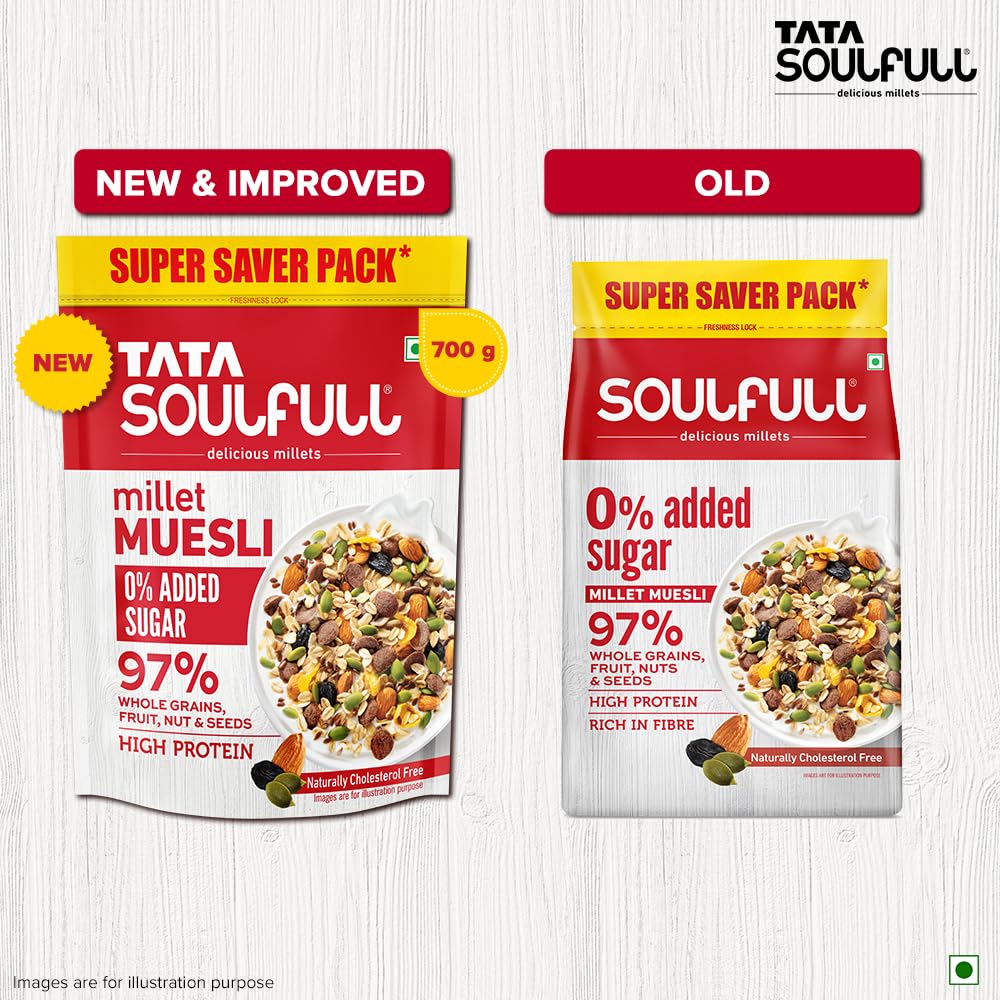 Tata Soulfull 0% Added Sugar Millet Muesli, 700 g, High Protein, Rich in Fibre, 97% Wholegrains, Fruit, Nut & Seeds, Contains Ragi Flakes, Contains Almonds, Flax Seeds, Chia Seeds, Pumpkin Seeds - Image 3