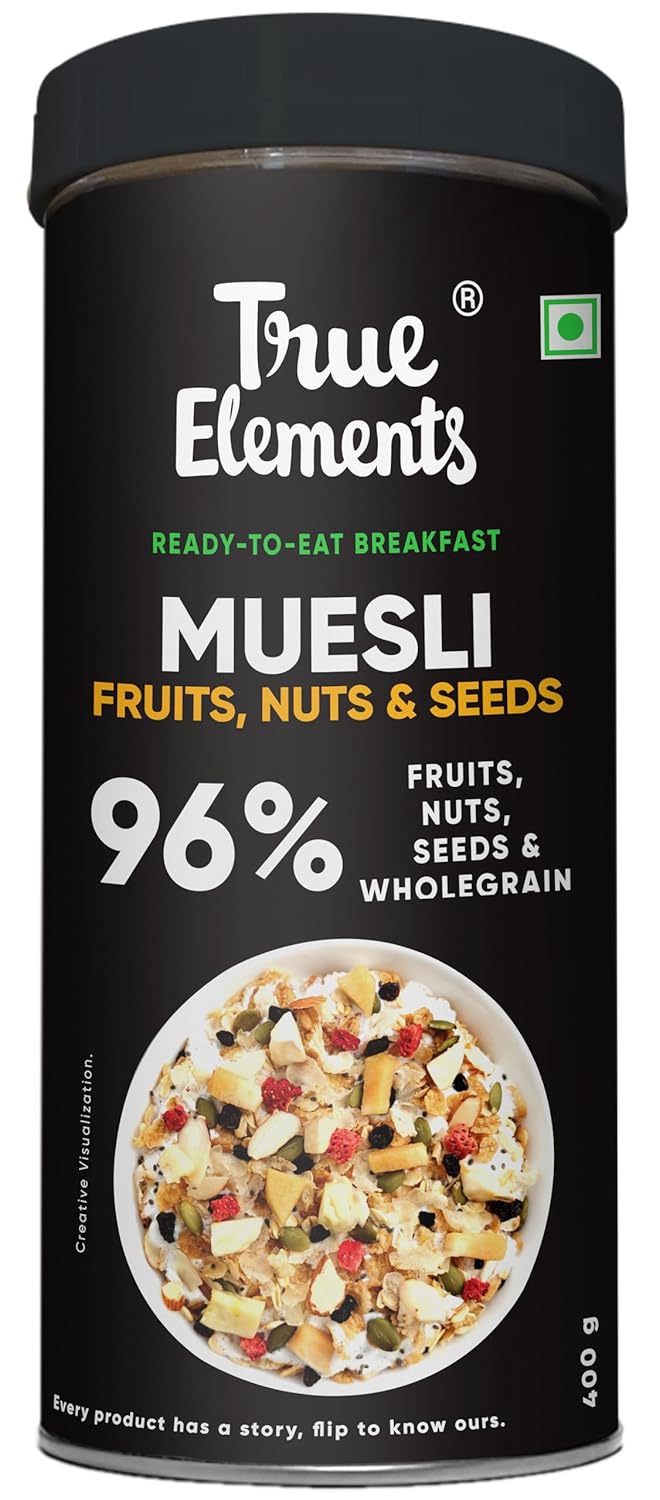 True Elements Muesli Fruits, Nuts & Seeds 400gm - Breakfast Cereal | 100% Wholegrain | Muesli with Freeze Dried Fruits
