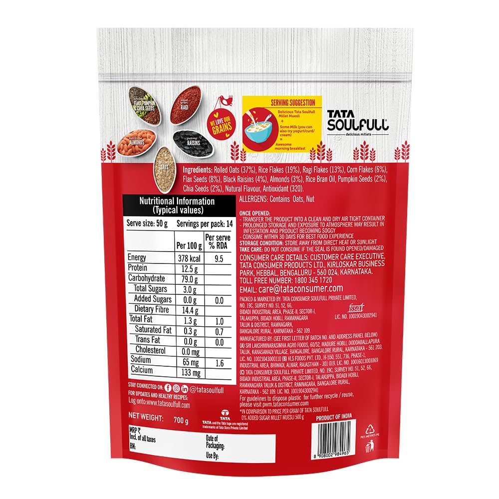 Tata Soulfull 0% Added Sugar Millet Muesli, 700 g, High Protein, Rich in Fibre, 97% Wholegrains, Fruit, Nut & Seeds, Contains Ragi Flakes, Contains Almonds, Flax Seeds, Chia Seeds, Pumpkin Seeds - Image 7