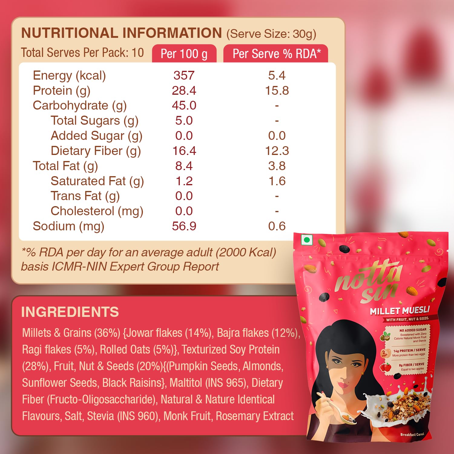 Notta Sin Millet Muesli with Fruit, Nut & Seeds- High Protein Breakfast Cereal | No Added Sugar: Contains Zero Calorie Natural Monk Fruit & Stevia | High Fiber | Made with Jowar, Bajra & Ragi | 300g - Image 6