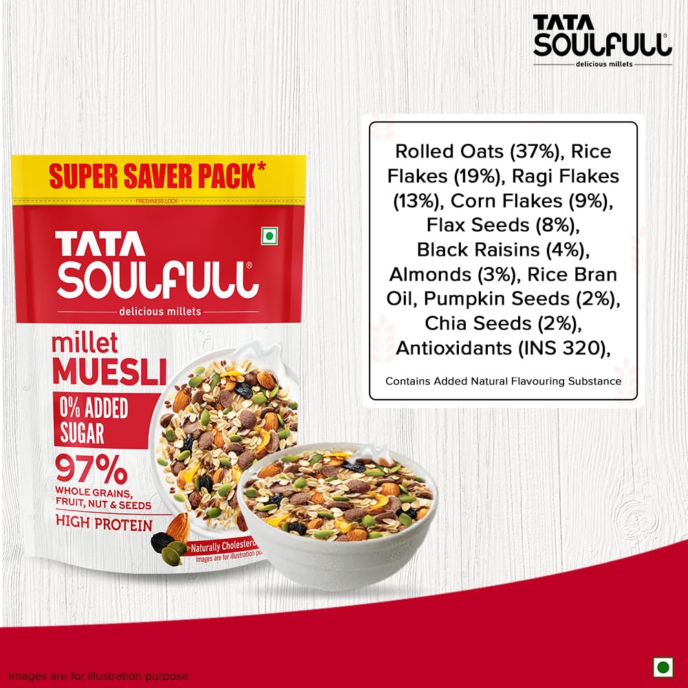 Tata Soulfull 0% Added Sugar Millet Muesli, 700 g, High Protein, Rich in Fibre, 97% Wholegrains, Fruit, Nut & Seeds, Contains Ragi Flakes, Contains Almonds, Flax Seeds, Chia Seeds, Pumpkin Seeds - Image 6