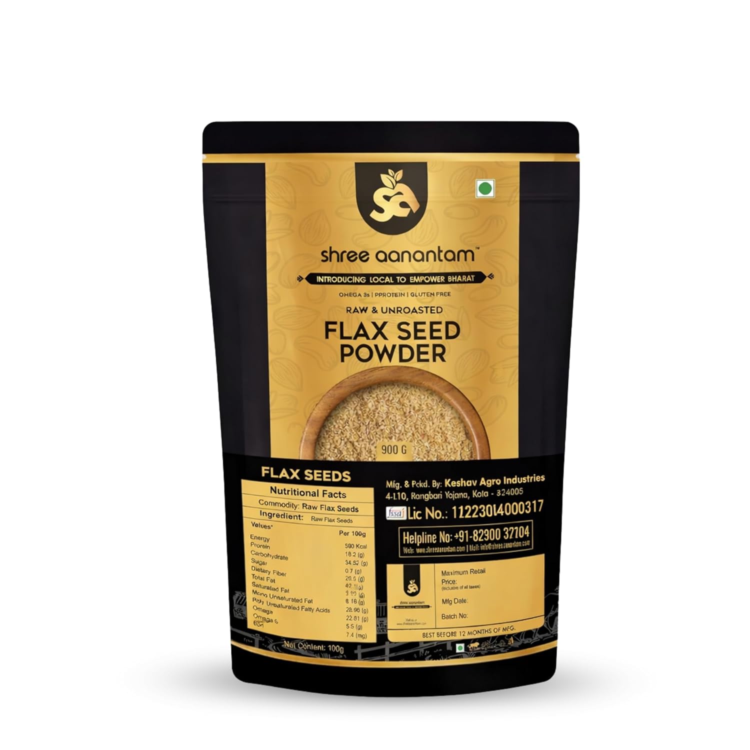 Shree Aanantam Cold‑Milled Flax Seed Powder – 400gr | Non‑GMO, Gluten‑Free Ground Flaxseed Meal | High Fiber Plant Protein & Omega‑3, Vegan Superfood for Smoothies, Baking & Heart Health