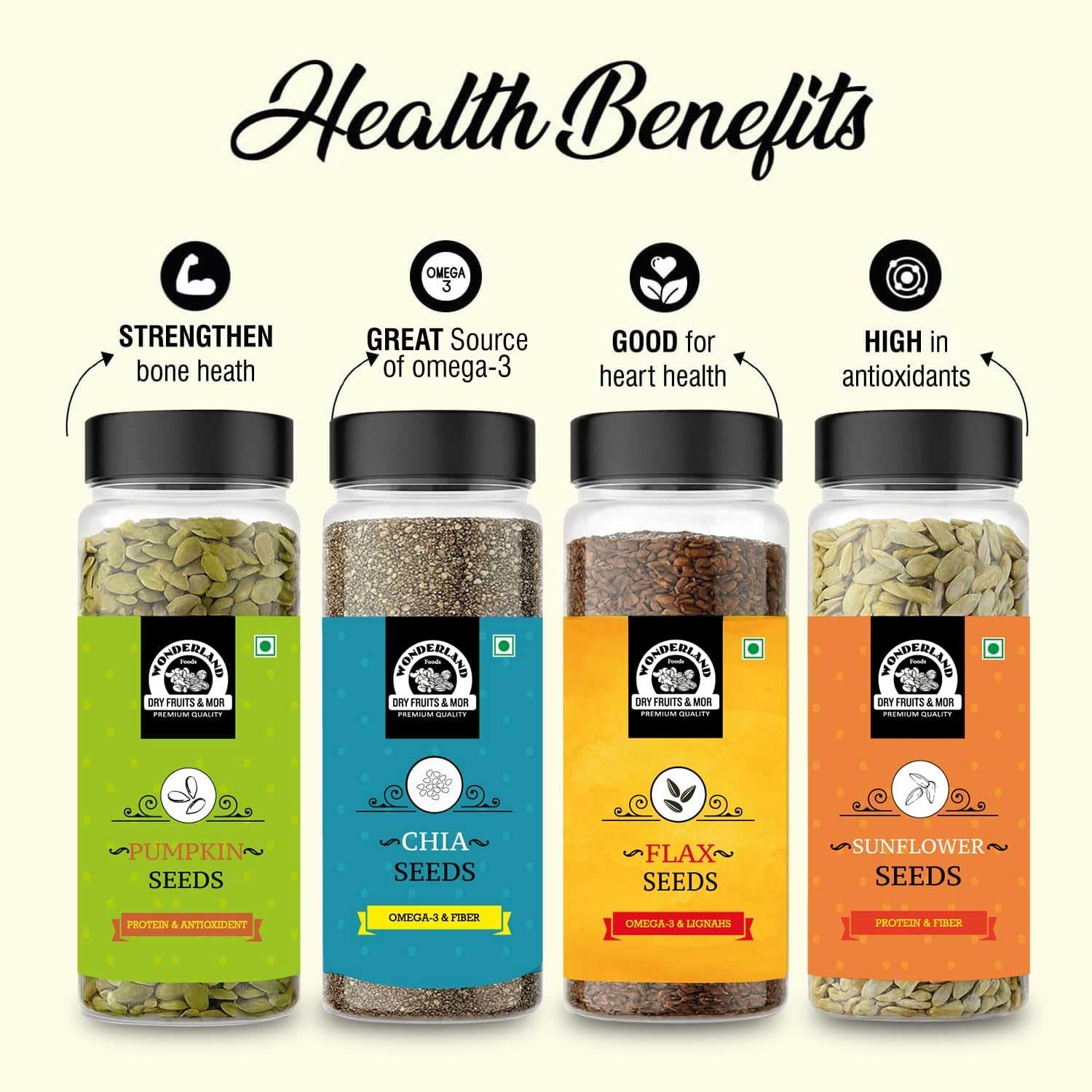 Wonderland Foods 4 Superseed Combo Lightly Roasted Chia, Jumbo Pumpkin, Jumbo SunFlower, Flax Seeds Jar 800g (200g X 4) | Seeds For Eating | Immunity Booster Diet | Mix Seeds for Eating | Superfood - Image 6