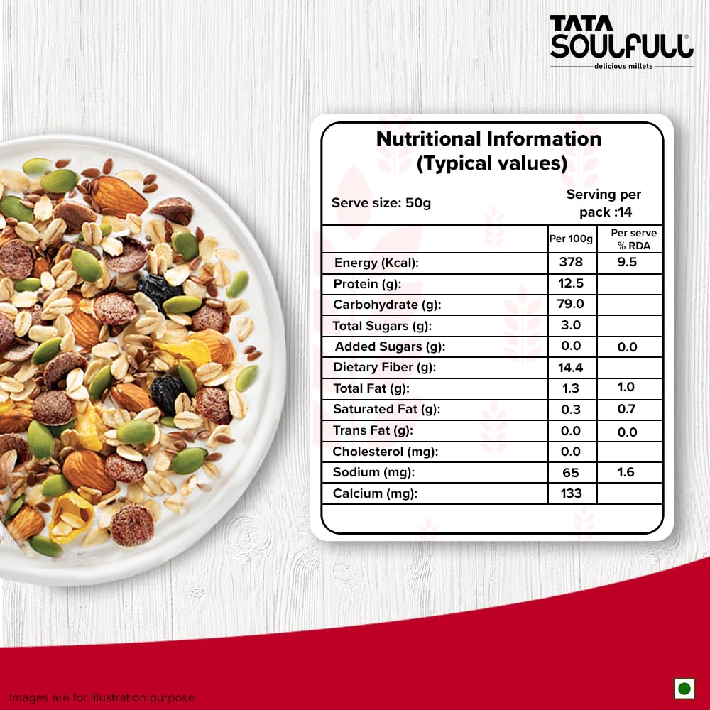 Tata Soulfull 0% Added Sugar Millet Muesli, 700 g, High Protein, Rich in Fibre, 97% Wholegrains, Fruit, Nut & Seeds, Contains Ragi Flakes, Contains Almonds, Flax Seeds, Chia Seeds, Pumpkin Seeds - Image 2