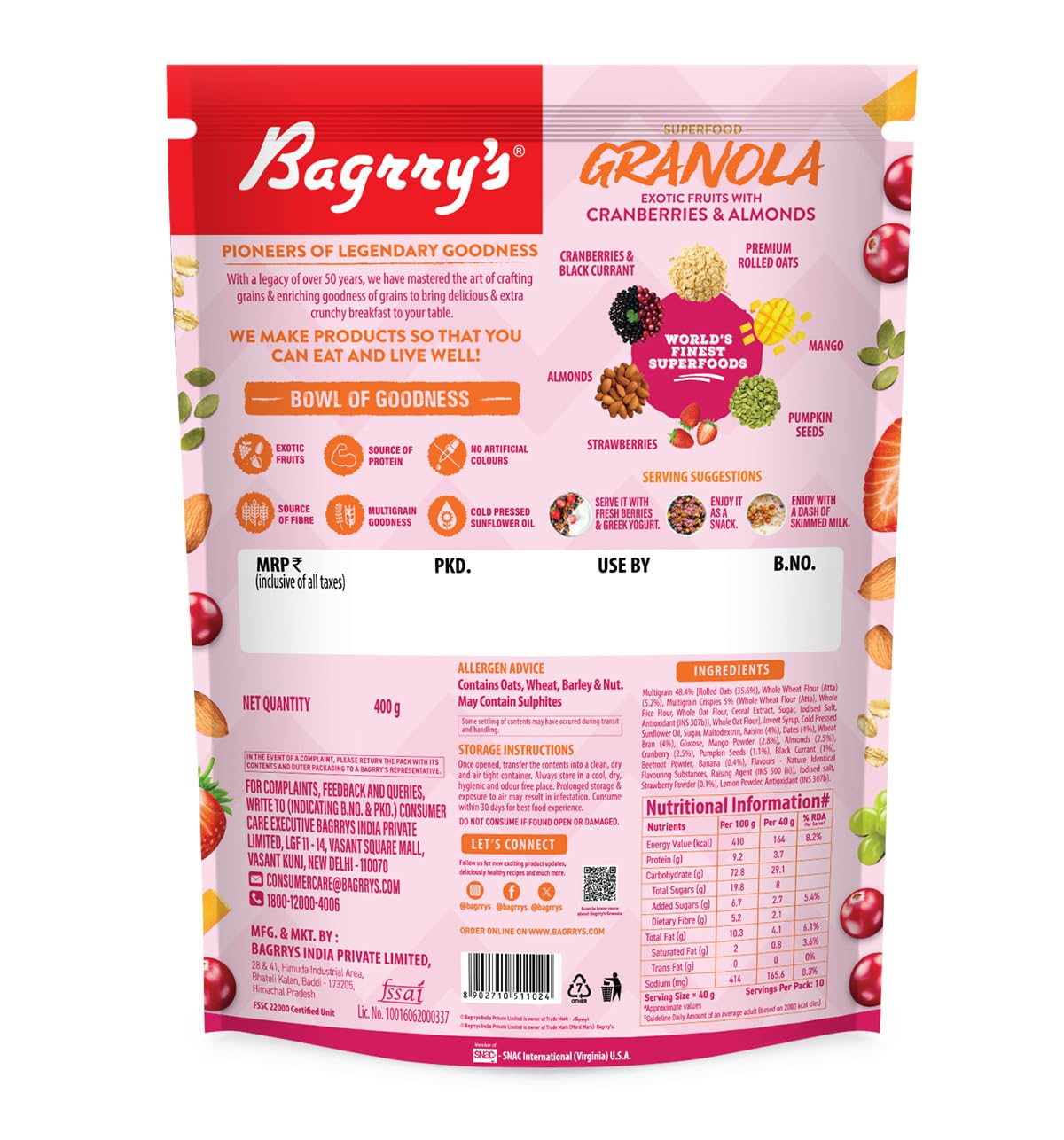 Bagrry’s Superfood Granola Exotic Fruits with Cranberries & Almonds 400g - 75% Fruits, Nuts, Seeds & Grains | 13 Nutrient-Packed Superfoods | 100% Plant-Based | High in Fibre & Protein | Healthy Breakfast Cereal | Multigrain Cereal | 100% Baked Granola | No Palm Oil - Image 8