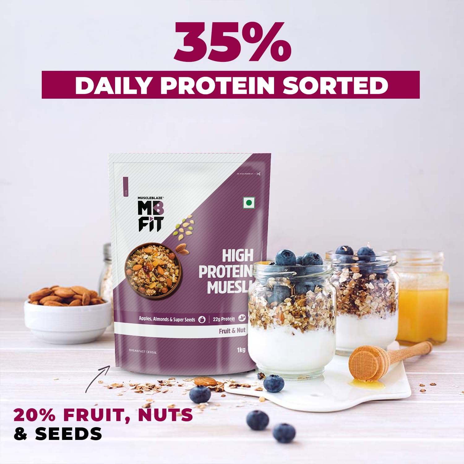 MuscleBlaze Fit High Protein Muesli (1kg, Fruits & Nut) | 22g Protein | With Apple, Almonds & Super Seeds, High Protein Breakfast Cereals - Image 6