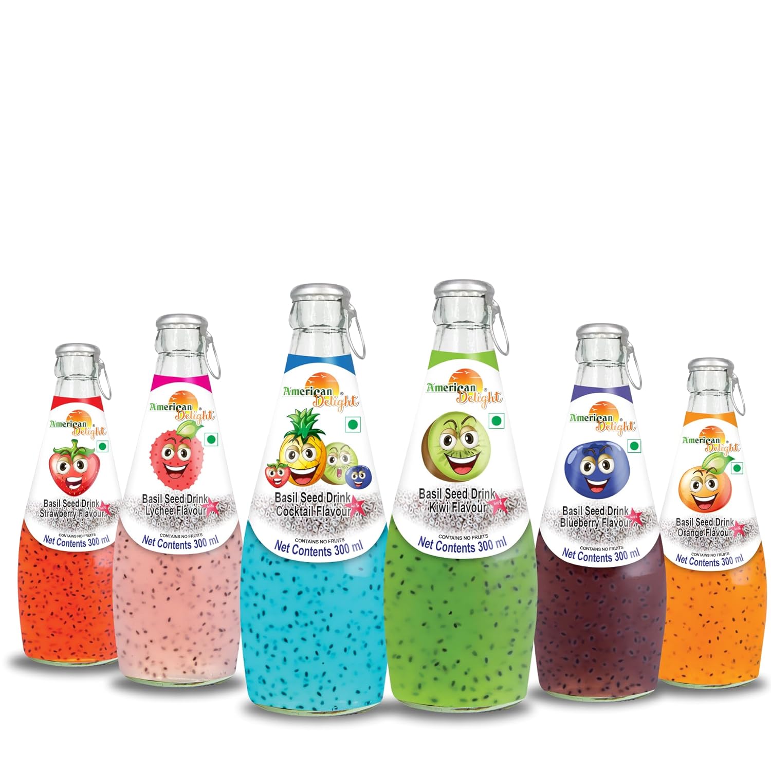 American Delight Flavored Drink with Basil Seed |Cocktail, Kiwi, Lychee, Blueberry, Strawberry, Orange Flavored Fruit Drink with Basil Seeds Aka Sabja Seeds | Pack of 6 x 300 Ml Each