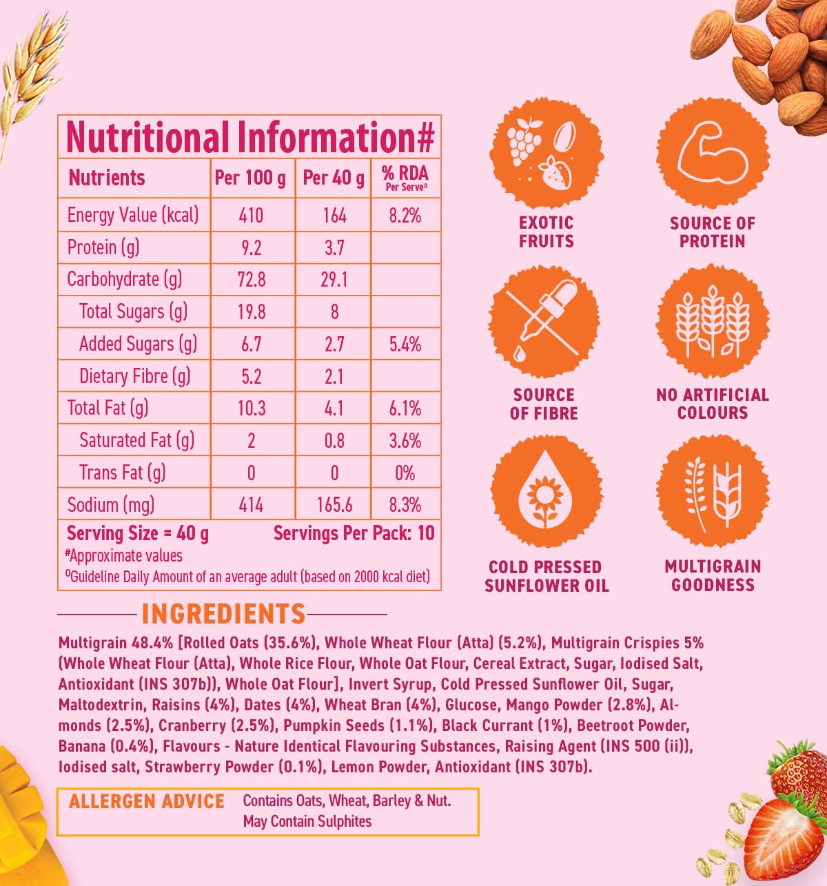 Bagrry’s Superfood Granola Exotic Fruits with Cranberries & Almonds 400g - 75% Fruits, Nuts, Seeds & Grains | 13 Nutrient-Packed Superfoods | 100% Plant-Based | High in Fibre & Protein | Healthy Breakfast Cereal | Multigrain Cereal | 100% Baked Granola | No Palm Oil - Image 2