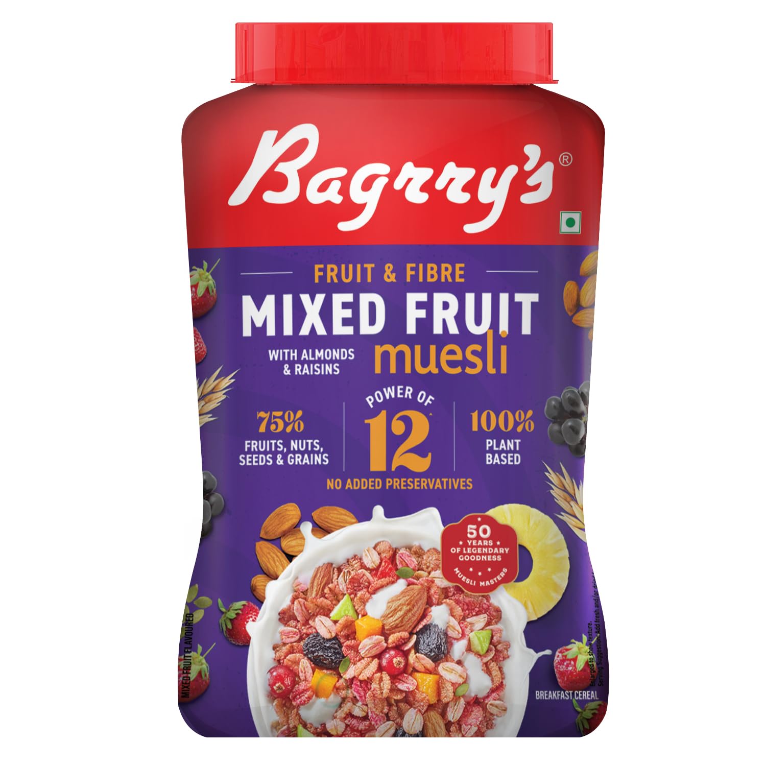 Bagrry’s Fruit & Fibre Muesli- Mixed Fruit 1kg Jar | 75% Fruits, Nuts, Seeds & Grains | Power of 12 Ingredients | With Strawberries, Apples, Pineapples, Oats & Seeds | High Fibre, Source of Protein, No Trans-Fat | Healthy Multigrain Breakfast Cereal | No Corn Flakes Muesli | No Presevatives