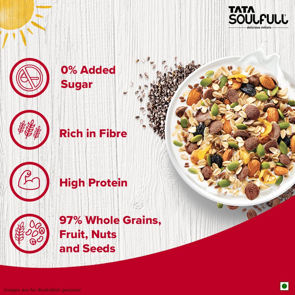 Tata Soulfull 0% Added Sugar Millet Muesli, 700 g, High Protein, Rich in Fibre, 97% Wholegrains, Fruit, Nut & Seeds, Contains Ragi Flakes, Contains Almonds, Flax Seeds, Chia Seeds, Pumpkin Seeds - Image 5