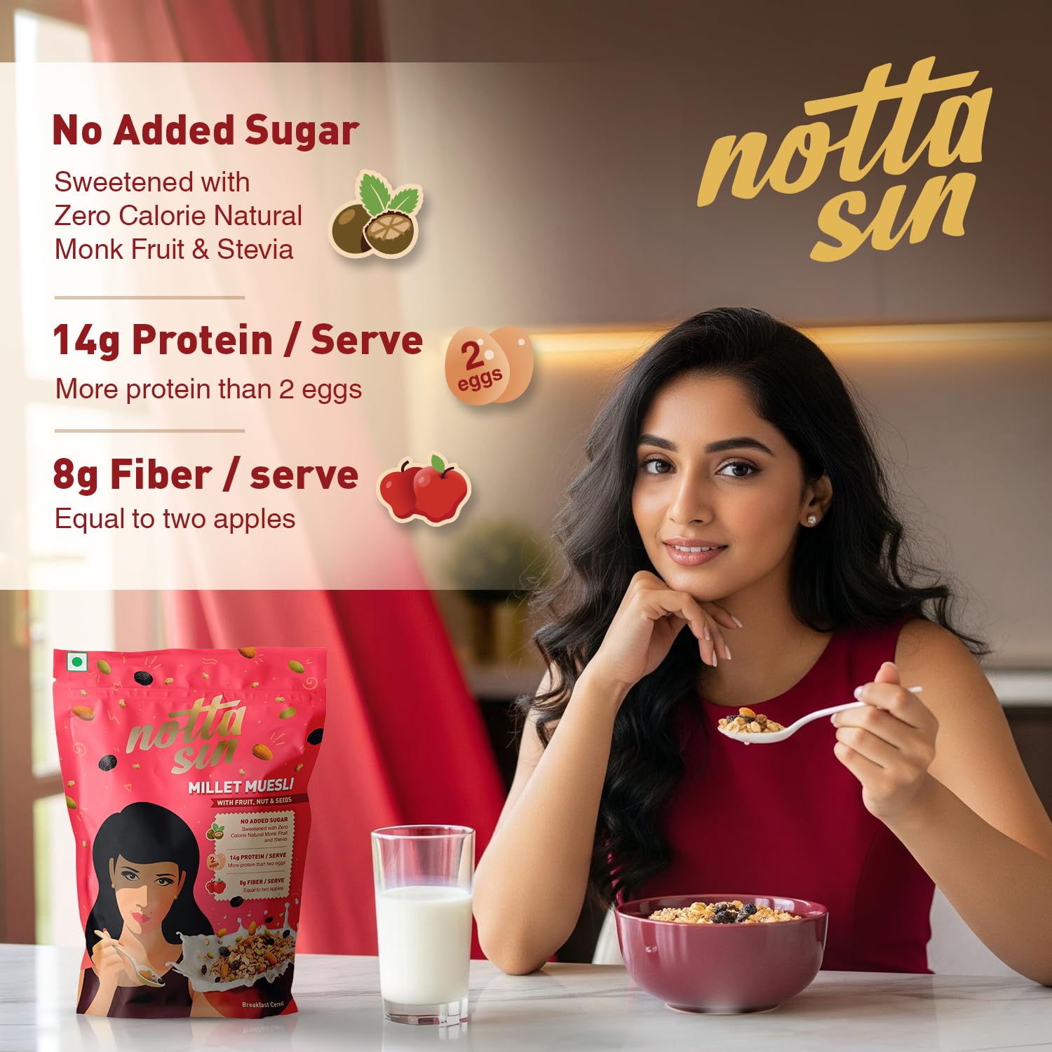 Notta Sin Millet Muesli with Fruit, Nut & Seeds- High Protein Breakfast Cereal | No Added Sugar: Contains Zero Calorie Natural Monk Fruit & Stevia | High Fiber | Made with Jowar, Bajra & Ragi | 300g - Image 2