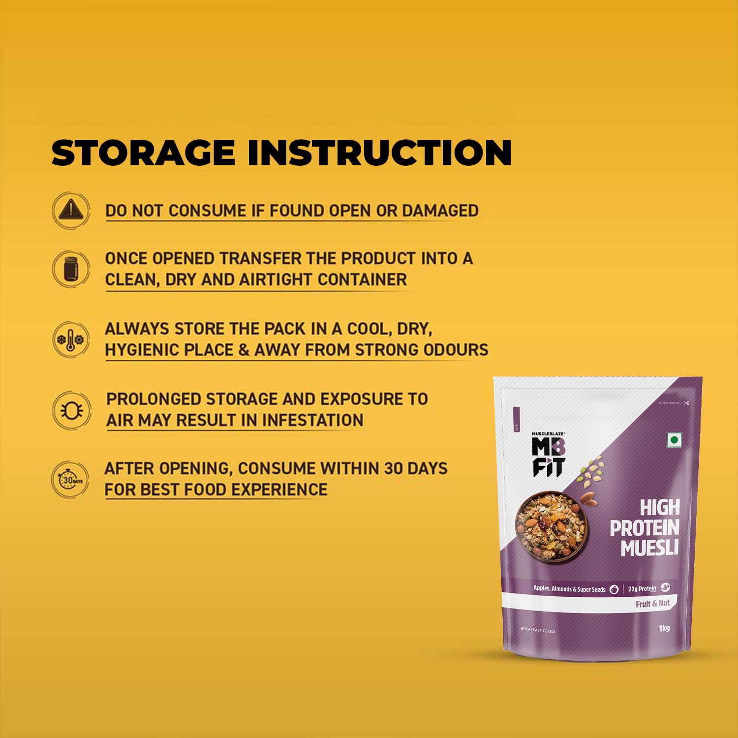 MuscleBlaze Fit High Protein Muesli (1kg, Fruits & Nut) | 22g Protein | With Apple, Almonds & Super Seeds, High Protein Breakfast Cereals - Image 3