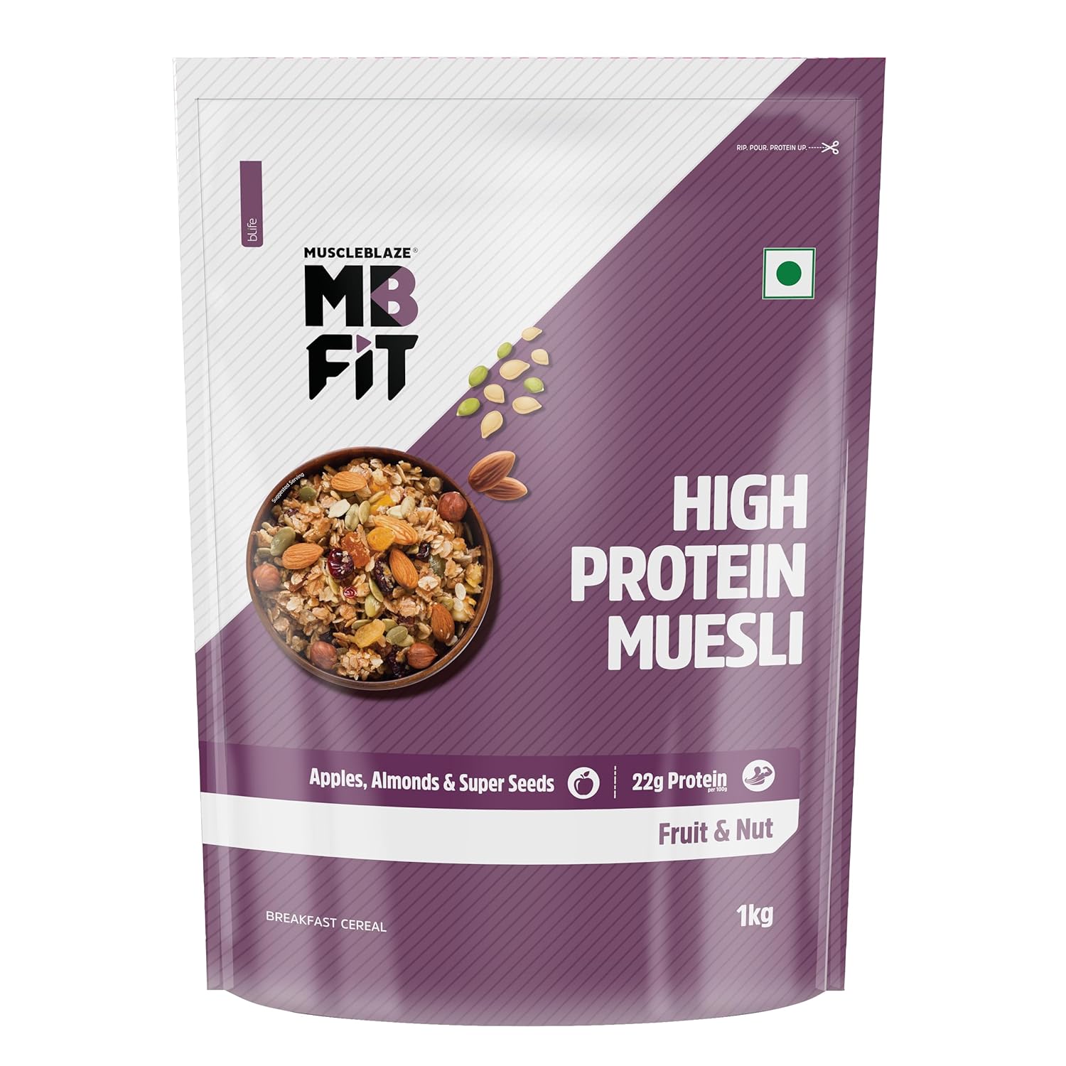 MuscleBlaze Fit High Protein Muesli (1kg, Fruits & Nut) | 22g Protein | With Apple, Almonds & Super Seeds, High Protein Breakfast Cereals