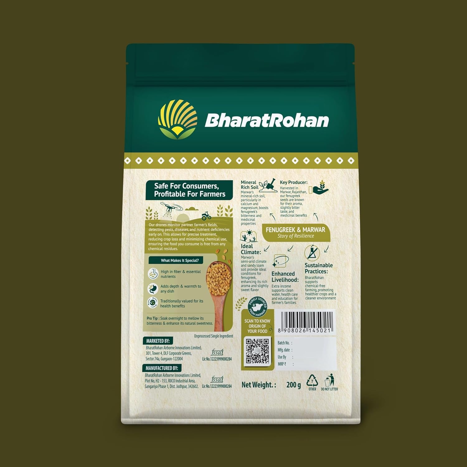 BharatRohan Marwar Fenugreek | Whole Methi Seeds | Chemical residue free | Drone monitored | 200g pack - Image 2