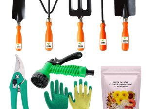 Gardening Tools Kit-9 Pcs (Fork, Cultivator, Big Trowel, Small Trowel, Weeder, Garden Pruner, Gardening Gloves Green, Water Spray Gun, Flower Seeds Packet) | Durable Gardening Tools