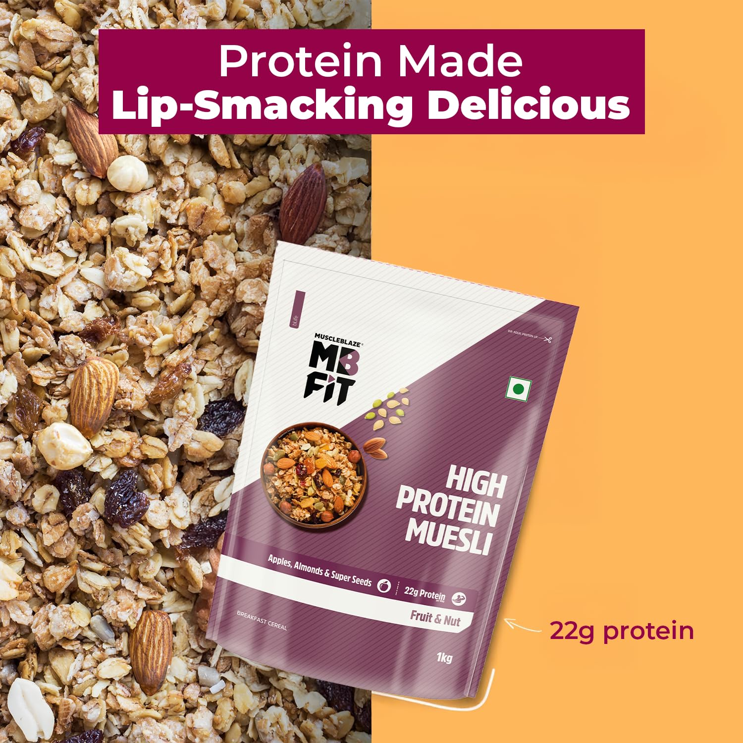 MuscleBlaze Fit High Protein Muesli (1kg, Fruits & Nut) | 22g Protein | With Apple, Almonds & Super Seeds, High Protein Breakfast Cereals - Image 4