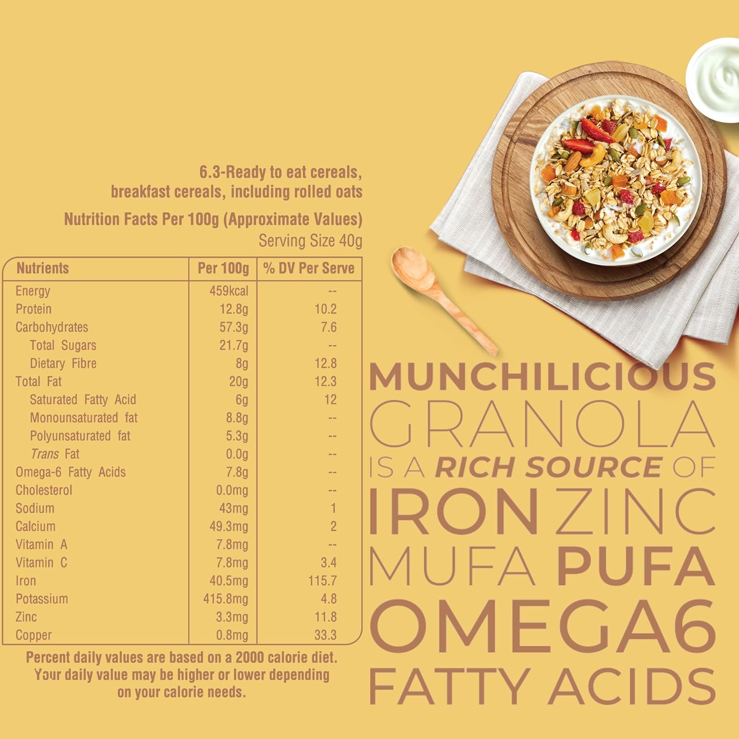 Munchilicious Granola - Crunchy Dried Fruits, 350g | 82% Nuts, Seeds, Grains & Fruits | Protein Rich Breakfast Cereal with Almonds, Cashew, Apricot, Pineapple & Strawberry | No Added Preservatives - Image 3