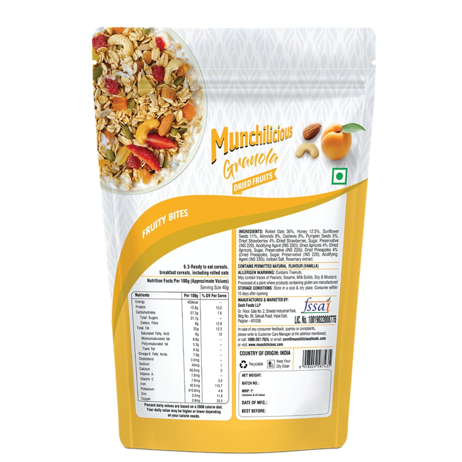 Munchilicious Granola - Crunchy Dried Fruits, 350g | 82% Nuts, Seeds, Grains & Fruits | Protein Rich Breakfast Cereal with Almonds, Cashew, Apricot, Pineapple & Strawberry | No Added Preservatives - Image 2