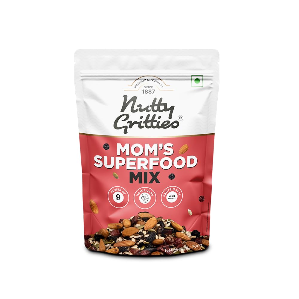 Nutty Gritties Mixed Nuts Dry Fruits - Mom's Superfood Mix - Roasted Almond, Pumpkin, Sunflower, Watermelon, Flax, Raisins, Black Currant, Cranberries, Blueberries, 200g