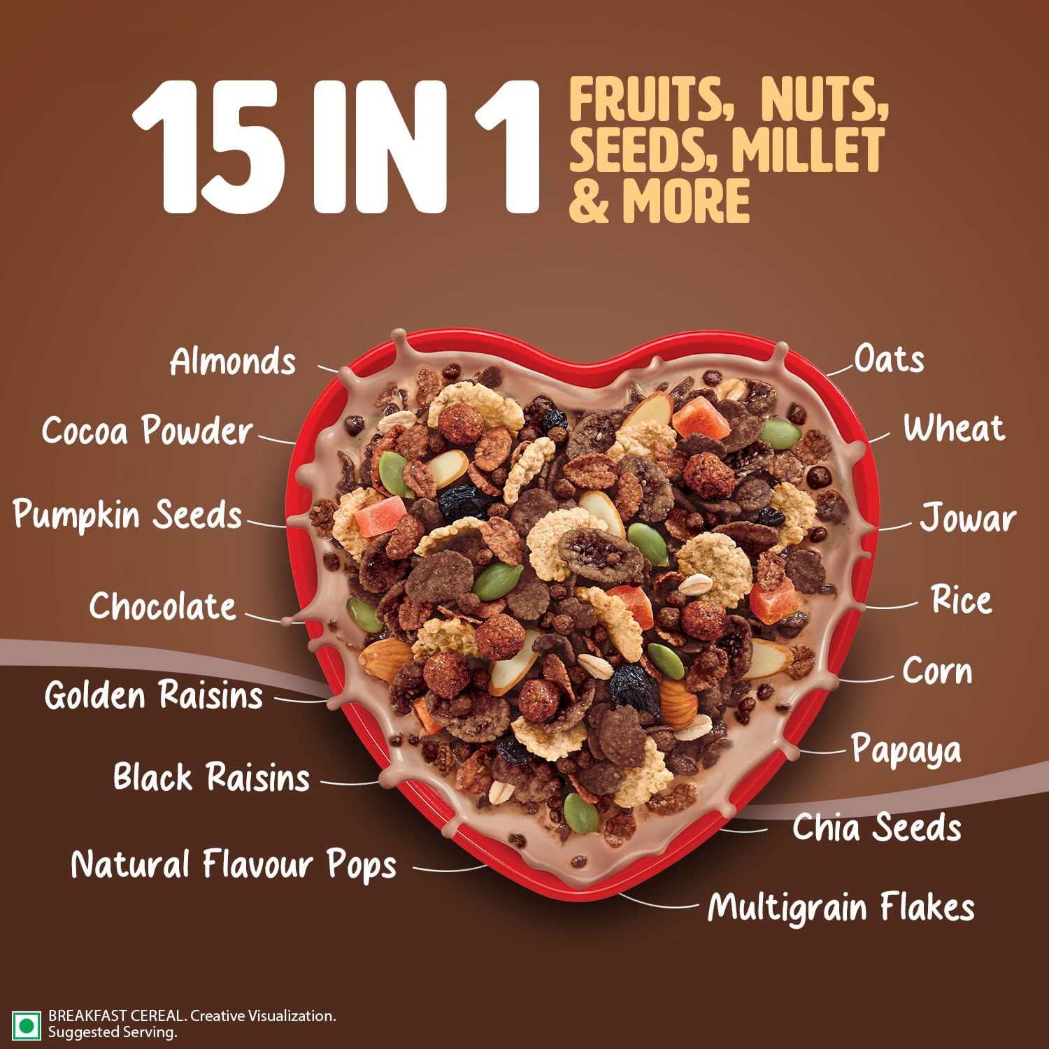 Saffola Muesli Choco Crunch with Flavour Pops, 400 gm/450 gm | 15 in 1 Fruit and Nuts, Seeds, Millet & more | Cereals for breakfast with wholegrain, protein, fibre - Image 5