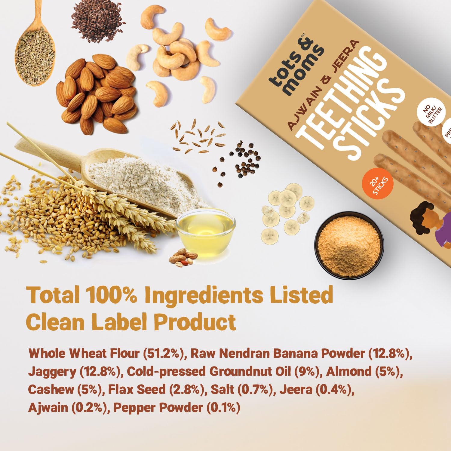 Tots and Moms Teething Sticks - Ajwain & Jeera with Dry Fruits, Nuts & Seeds for Soothing Gums, 150g | No Maida, No Sugar| Kid-Friendly Finger Food Lunch Box Snack - Image 4