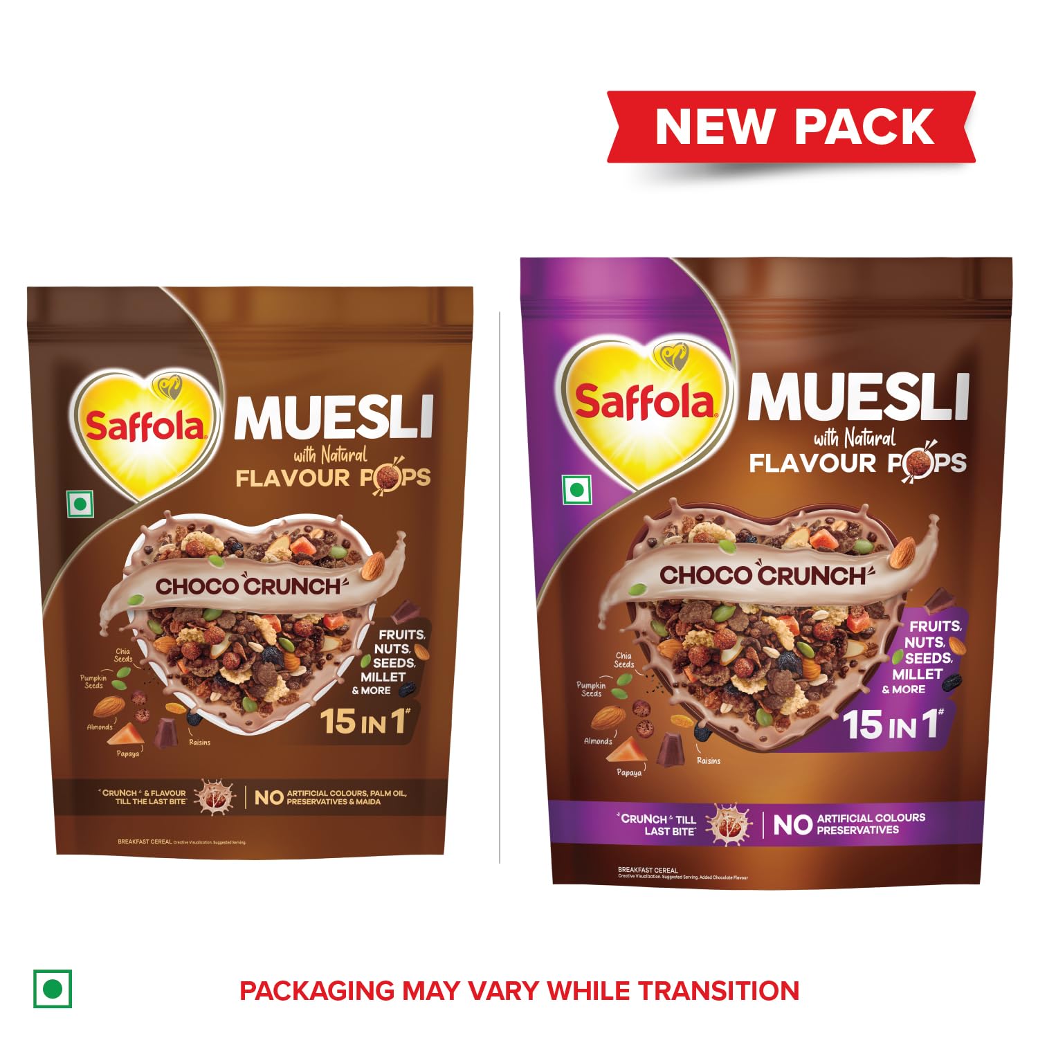 Saffola Muesli Choco Crunch with Flavour Pops, 400 gm/450 gm | 15 in 1 Fruit and Nuts, Seeds, Millet & more | Cereals for breakfast with wholegrain, protein, fibre - Image 9