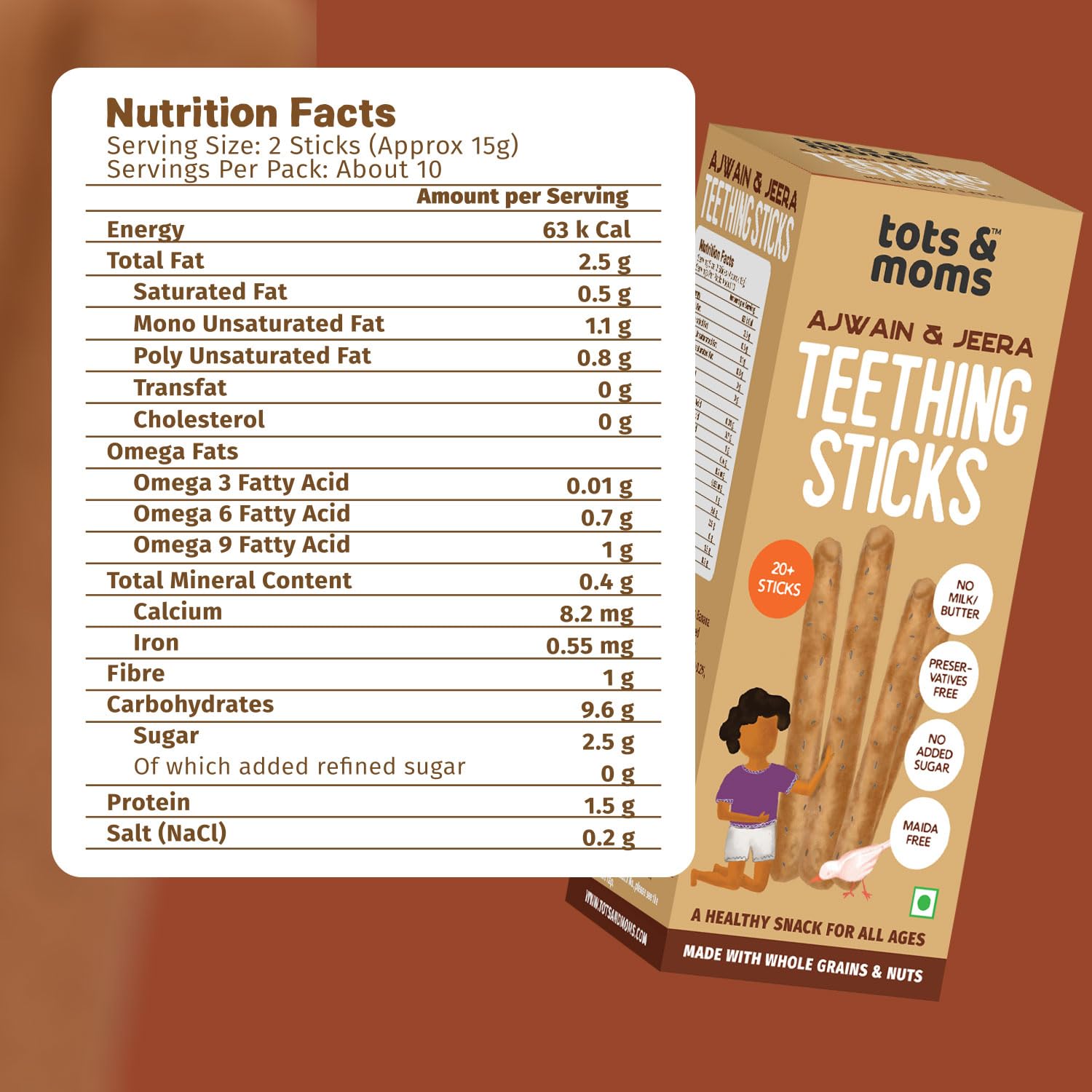 Tots and Moms Teething Sticks - Ajwain & Jeera with Dry Fruits, Nuts & Seeds for Soothing Gums, 150g | No Maida, No Sugar| Kid-Friendly Finger Food Lunch Box Snack - Image 7